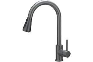 Heable Kitchen Sink Mixer Tap with Pull Down Sprayer Grey, Single Handle High Arc Pull Out Kitchen Taps, Kitchen Faucet with UK Standard Fittings