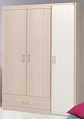 LASTMEUBLES 2498A3PX LUCKY Armoire avec 3 Portes Panneaux de particules/Décor Imitation Blanc/Acacia Clair 112 x 52 x 180 cm