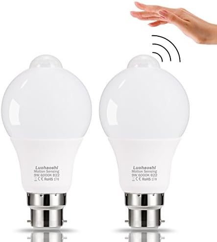PIR Motion Sensor Light Bulb, Luohaoshi 9W B22 A60 Motion Sensor Night Lights, Equivalent 60W incandescent, Cool White 6000K, 800lm, 330°Beam Angle, For Garage, Hallway, Stairs, Porch, 2Pack