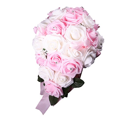 MagiDeal Kunstblumen Künstliche Tropfen Schaum Rose Kunstblumen Hochzeit Blumen Dekor Bouquet - Weiß und Rosa, 25 x 26 cm