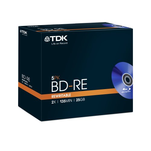 TDK T19798 BD-RE Wiederbeschreibbare Blu-ray Rohlinge 25GB in Jewel Case (5 Stück) 1-2x Speed