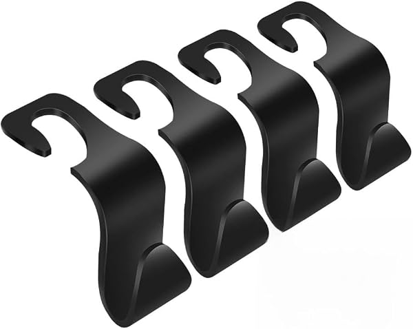 VTECHOLOGY Car Hooks: 4 Pack Headrest Hangers for Bags, Purses, Groceries, Coats (Black, Utility Style, Automotive Seat 
