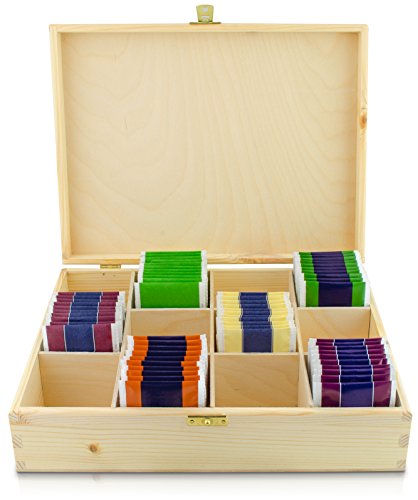 Teebox mit Deckel aus Holz mit 12 Fächern - Kiefer Naturbelassen Unbehandelt - ca. 29 x 22 x 8 cm - Venkon ®