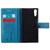 Sony Xperia XZ Hülle Blau im Retro Wallet Design,Cozy Hut Sony Xperia XZ Hülle Leadertasche Premium Lederhülle Flip Case im Bookstyle Folio Cover Kartenfächer Magnetverschluss und Standfunktion Leder Schale Etui für Sony Xperia XZ (5,2 Zoll) Handytasche Schutzhülle Katzen und Bäume Muster - blau - 