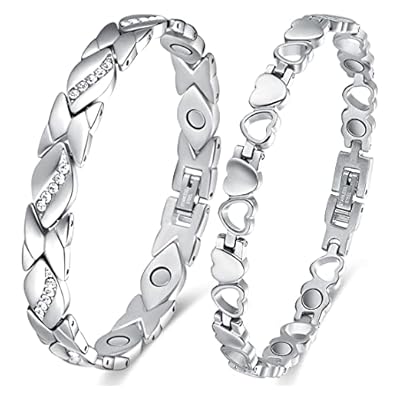 Cigmag 2pcs Magnetic Bracelets For Women Ultra Strength Magnet Titanium Steel Magnetic Brazaletes Set With Adjustable Tool And Gift Box For Mother's Day (silver Crystal & Love)