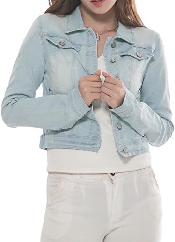 PERHAPS U 2017 Spring New Long Sleeve Cropped Loose Denim Jacket for Women Teen Girls M Light Blue