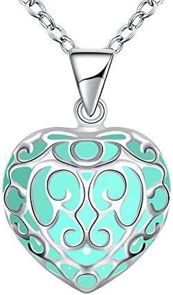 Glow in the Dark Heart Locket Charm Necklace Jewellery Gift for Her(light blue)
