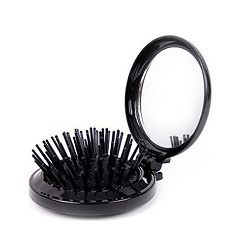 LEORX Handy HairbrushMirror Compact-Round Folding Makeup Mirror with Massaging Hair Brush (Black)