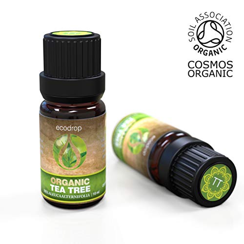 Aceite esencial de árbol de té, COSMOS certificado orgánico, 100% puro, mejor grado terapéutico para aromaterapia, 10 ml, libro electrónico incluido (Melaleuca Alternifolia)