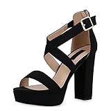 SCARPE VITA Damen Pumps Plateau Sandaletten Party Schuhe Blockabsatz Abendschuhe Wildleder-Optik Absatzschuhe High Heels 180158 Black Black 38