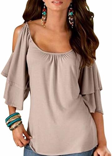 Lanisen Womens Cold Shoulder Tops Layer Half Sleeve Blouses Khaki XL