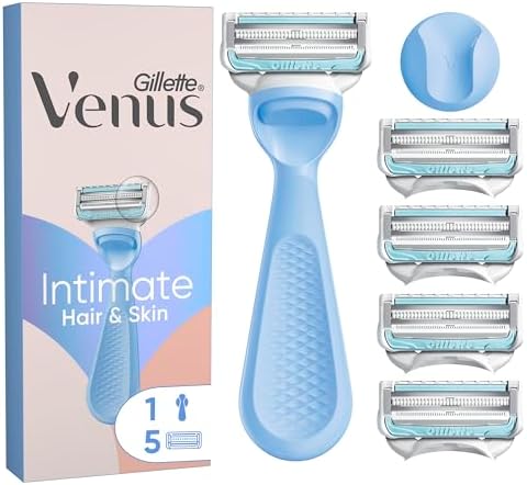 Gillette Venus Rasoio Donna Parti Intime per Peli e Pelle Della Zona Intima + 5 Lamette Donna di Ricambio, Rasoio Parti Intime, Lamette di Ricariche, con Barra Anti-Irritazioni