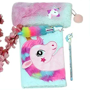 Yoop Set of 4 unicorn fur diary, Fur Pen,unicorn fur pouch,unicorn pencil for girls