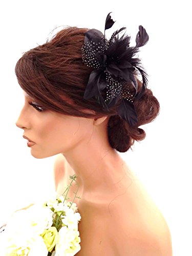 Feather and Flower Hair comb slide Fascinator with Glittery Spotty net Bridal Wedding Races Prom (Black)