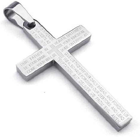 Sierra Stainless Steel Mens Silver Lord's Prayer Cross English Bible Pendant Necklace, 21.5 inch Rolo Chain
