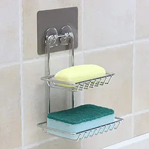 Suratware Stainless Steel Kitchen Bathroom Double-Layer Soap Dish Holder Wall Mounted Magic Sticker Self Adhesive Strong Soap Holder for Wall Hanging Soap Storage Rack