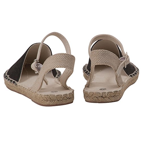 Japanwelt Damen Espadrilles Glitzer Canvas Sandalen Offen mit Riemchen Sommerlatschen Leinen Schwarz Beige Größe 39 - 6