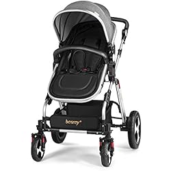 besrey Poussette Combinée 2 en 1 Canne Landau Pliable Panier pour Bébé 0-36 Mois avec Ceinture de Sécurité, Capacité de Charge de 15kg max. Gris