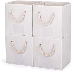 Umi. by Amazon - boîtes de rangement en tissu avec cordelettes en coton, cube de rangement tissu, panier de rangement, caisse de rangement, 26,7 x 26,7 x 28, Lot de 4, Beige