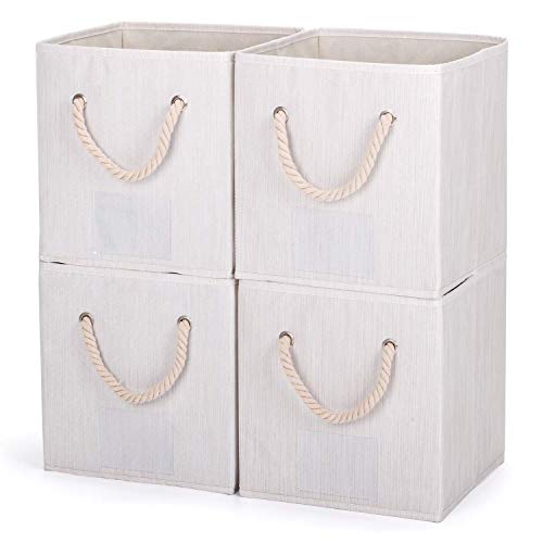 Umi. by Amazon - boîtes de rangement en tissu avec cordelettes en coton, cube de rangement tissu, panier de rangement, caisse de rangement, 26,7 x 26,7 x 28, Lot de 4, Beige