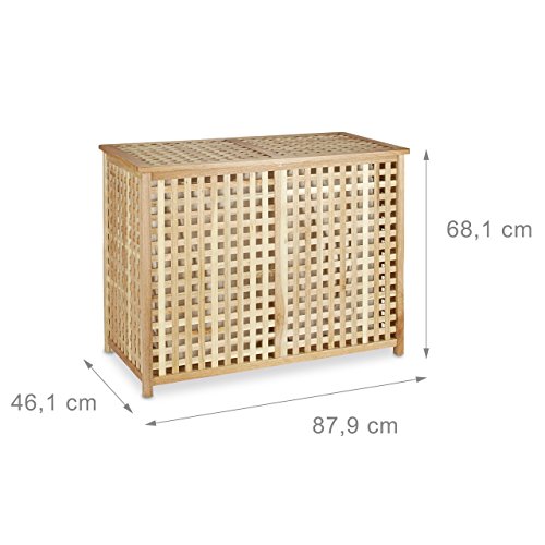 Relaxdays Wäschesammler Duo Walnuss breite Wäschetruhe HBT 46,1 x 87,9 x 68,1 cm Wäschesortierer Doppel Wäschebox Holz mit 2 Leinensäcken Wäschesäcken, natur - 4