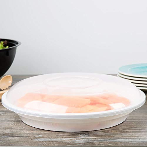 Pack of 2 Eco Friendly Low Profile Premium Hard Plastic Food Containers with Lids | Salad and Pasta Bowls | Large Shallow Bowls with Covers - 14" (35.5cm) - 128oz (3.6 Litre) - White