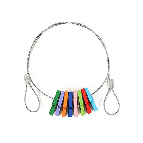 HAB & GUT -MC401- Cuerda de Acero para Colgar Fotos, 50 cm, con 8 Mini-Pinzas Coloridas de Madera