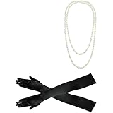 1920s Accessories Set Flapper Headpiece Charleston Fancy Dress Accessories -1920s Flapper Headband Pearl Necklace Satin Gloves