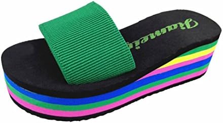 Sunday Women Slippers,Ladies Summer Fasion Rainbow Mid Heel Non Slip Sandals Casual Striped Flip Flops Sandals Beach Shoes Sandals Shoes for Ladies (38, Green)