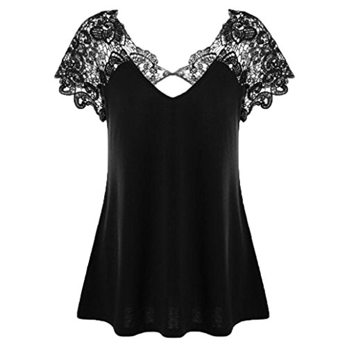 Blusas para Mujer Rawdah Mujer Sexy Blusa Camiseta con Cuello En V para Mujer Blusa De Manga Corta De Encaje De Talla Grande Trim Cutwork T-Shirt Tops Elegante Blusa (Negro, XXXXXL)
