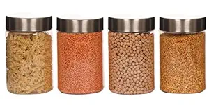 PEARLPET Transparent Plus Jar Container for Kitchen Storage Set with Stainless Steel Matt Finish Cap, 1400 ML Set of 4 Pieces