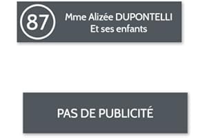 DECOHO - Plaque nom avec numéro + Plaque Stop Pub pour boite aux lettres format Decayeux (100x25mm) grise lettres blanches - 2 lignes - hauteur : 0.16 cm