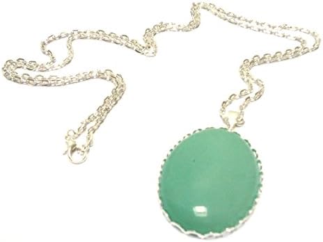 Vintage Style Large Oval Green Aventurine Pendant on Long Silver Chain Necklace