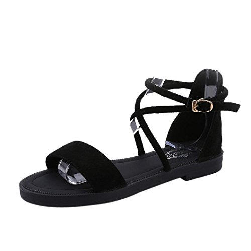 Preisvergleich Produktbild Sandalen Damen Schuhe Knöchelriemchen Sommer Zehentrenner Böhmische Strandschuhe Flache Mode Schuhe PU Leder Flach Boden Hausschuhe Hausschuhe Bequeme Strand Schuhe Abendschuhe LMMVP (38CN, Schwarz)