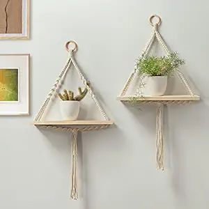 Decazone Macrame Wall Hanging Shelf Natural Pine Wood Spiral Knot Cotton Rope Bohemian Style Decor for Balcony Dorm Kids Room Living Room Housewarming Gift Pack of 2 Beige