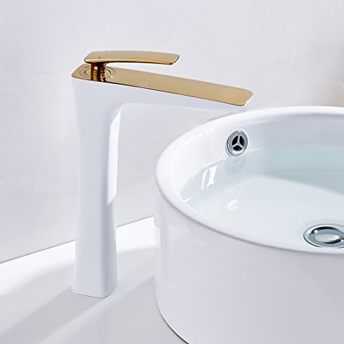Fapully Tall Waterfall High And Bathroom Sink Taps Single Handle Vessel Bar Sink Mixer Water Tap,Polished Gold &amp; White