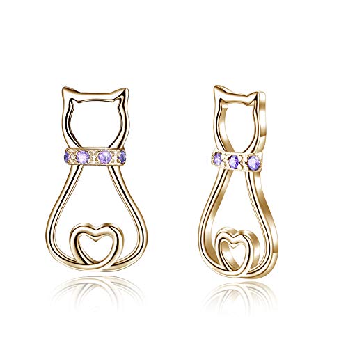 Jösva Women's Earrings Cat Studs 925 Sterling Silver Cute Sleeper Pierced Earring with Purple Cubic Zirconia Hypoallergenic Fine Jewellery for Children Girls Ladies as Birthday Gift - Silver/Gold