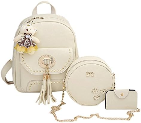 Girls Backpacks,Moonuy,Womens Casual Fashion 3Pcs Leather Tassel Shoulder Bag School Backpacks Cardbags Hand bag Crossbody Bag Wallet For ladies (White)