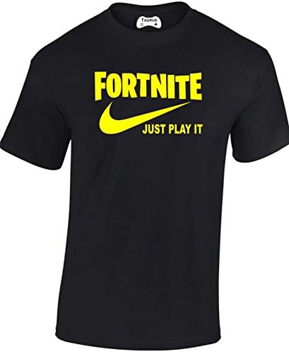 Taurus Clothing New Adults and Childs 'Justplayit' Parody Fortnite Inspired Gamers Gaming t Shirt PS4 Xbox (XLarge, Black/Yellow)
