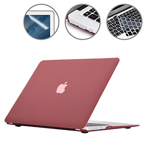 i-Buy Matte Gummierte Harte Schutzhülle Hülle für Apple Macbook Air 13.3 Zoll + Schutzfolie + Silikon Tastaturschutz + Anti-Staub-Stecker - Rotwein