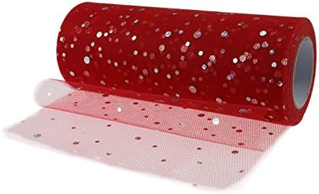 YCNK 6 inch 25 yards Sequin Tulle Roll Spool for Tutu Wedding Party Decor Gift Wrap Pink/White/Purple/Blue/Red/Rose (Red)