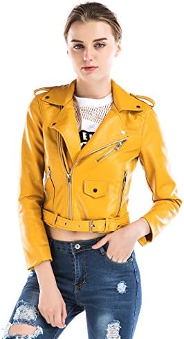 Maxlindy Women Ladies Yellow PU Faux Leather Jacket Lapel Turn-down Collar Slim Casual Zip Up Wrapped Motorcycle Biker Cool Bomber Coat-S