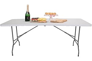 hjh OFFICE 830051 - Tavolo pieghevole da campeggio, 180 x 74 cm, in plastica bianca, con maniglia, struttura in metallo