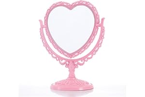 HONFITAT Make-Up-Spiegel, 2 Seiten, Drehbar, Kunststoff, Kommode, Herzform, Spiegel, Kosmetikwerkzeug, Rosa