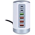 Desktop USB + C Type Charger Tower 65W 4A, USB Hub Charging Station for Multiple Devices, Portable Multi Port USB Charger Multi Adapter (6 port - White)
