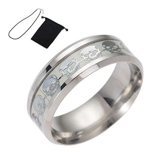 CWeep Jewelry Glow Wedding Band, Celtic Skull Ring Men Women 8mm Stainless Steel Luminous Wedding Band Silver Golden Jewelry Size 6-13 (Size 9)