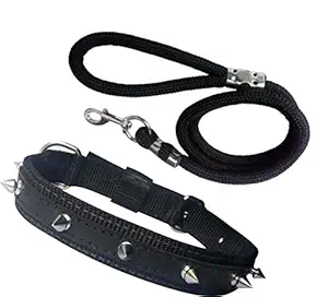 Pedigone Nylon Dog Belt Combo of Black Dog Spike Collar with Black Lead 1.5m Lengthy Dog Collar & Leash for Your Pet Dogs.