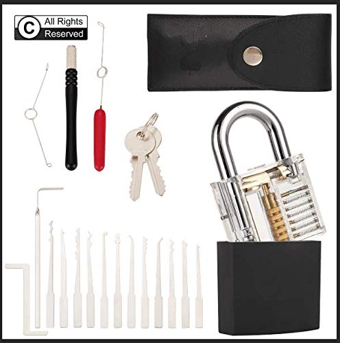 Juego de herramientas de ganzúas de candado para práctica (17 piezas + candado de práctica transparente)