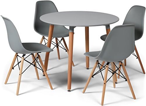 Grey Eiffel Designer Dining Set 4 Chairs And 90cms Small Round Table With Natural Wood Legs Art Deco Style