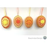 Ostereier Dekoeier gehäkelt Handarbeit, Gelb Orange, mit Satinband zum Aufhängen, 4er-Set